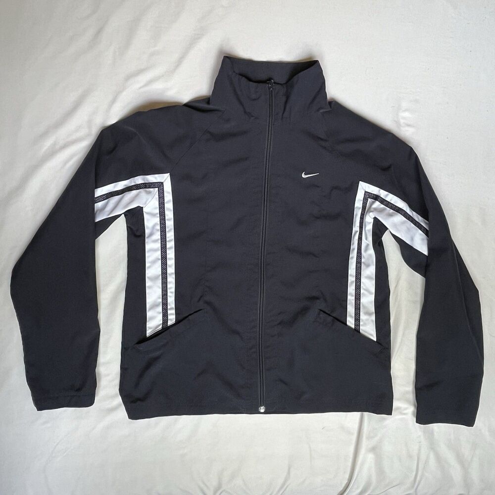 Y2K Nike Womens Zip Up Windbreaker Jacket Black Sz M VTG Track Running Striped